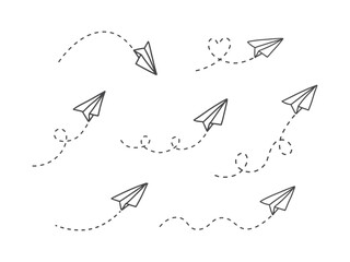 Vector set of hand drawn doodle paper airplane isolated on white background.
