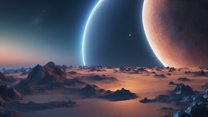 Abstract background of a unique fantasy space with planets and stars from land view with mountains