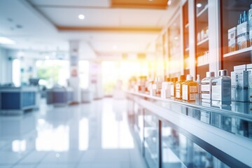 Pharmacy Pulse Blurred Background Immerses Viewers in the Dynamic Realm of a Pharmacy Store, Evoking Pharmacist Expertise and Medicinal Abundance. created with Generative AI