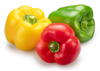 Green, yellow and red bell peppers isolated on white background.
