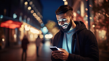 Man uses a cell phone on a city street at night