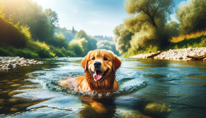 Un golden retriever en train de se baigner dans une rivière