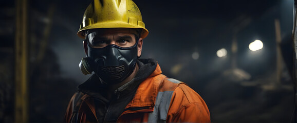 A coal mine worker in coveralls and hard hat, putting on a face mask after a long day on site, heavy machinery working under mine, it is dark outside
