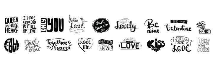 Collection of Valentine's Day inscription. Handwriting short phrases for Valentine's Day. Hand drawn vector art.