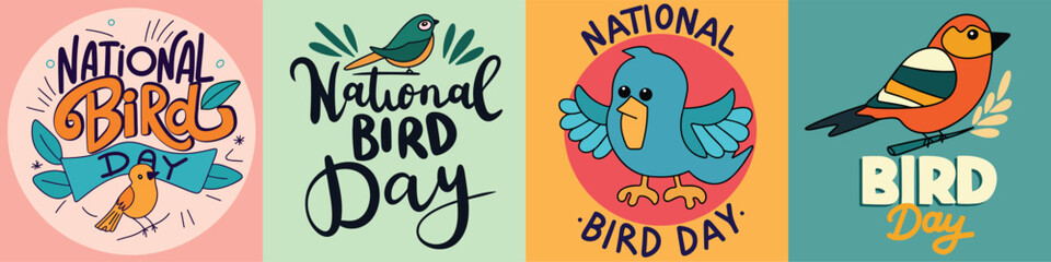 Fototapeta na wymiar Collection of national bird day inscription. Handwriting national bird day text square banner set. Hand drawn vector art.