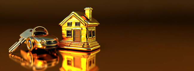 Golden house with car and keys.