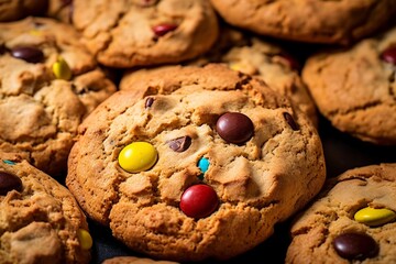 Chocolate chip cookies with M&Ms, closeup photography style