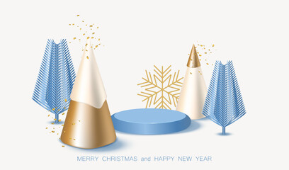Set of Christmas and New Year elements decorative design. Podium with gold, white trees and glow snow. Xmas blue empty stage with plastic tree and snowflake. Sale product place with confetti.