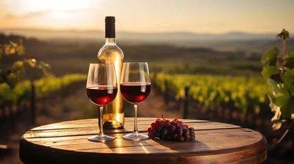 Fotobehang Wine bottle and glasses on wooden table with vineyard landscape background at sunset, space for text © mashimara