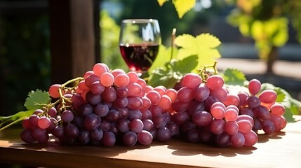 Fototapeta premium Red grapes with grape juice on wooden surface, dark background