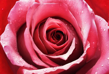 Close up of pink rose with water drops on petals, shallow depth of field