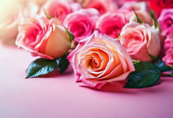 Beautiful pink and white roses on a pink background. Selective focus.