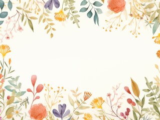 Watercolor Floral Border with a Springtime Theme, Flowers, Leaves, Space to copy, template for greeting card, wedding, DIY, home decor