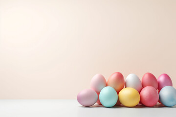 Colorful easter Eggs on blue background with space for text