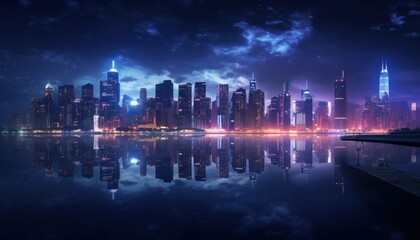 Fototapeta na wymiar City Skyline at Night Reflected in Water