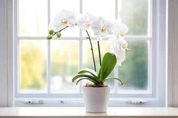 Beautiful white orchid flower in pot on windowsill