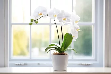 Rolgordijnen Beautiful white orchid flower in pot on windowsill © Alina