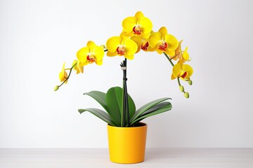 Beautiful yellow orchid flower in pot on white background