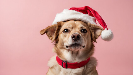 dog wearing Santa hat on light pink background. backdrop with copy space