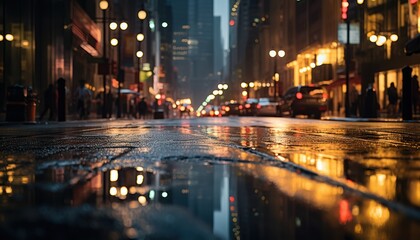A Wet City Street at Night With People Walking on the Sidewalk