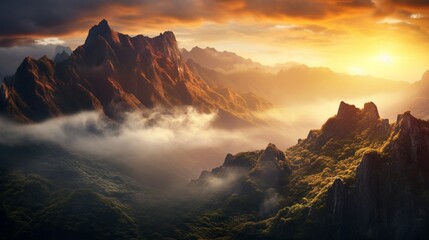 A breathtaking sunrise over the mountains of Madeira Island, illuminating the landscape with a golden glow, as the first rays of light kiss the rugged peaks, heralding the beginning of a new day.