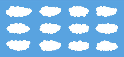 Set of vector clouds isolated on blue sky, background. White fluffy cloud collection in flat style. Cute vector decoration, graphic design elements. Soft geometric shapes. Flat Vector illustration - obrazy, fototapety, plakaty