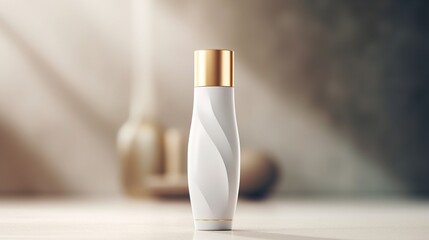 A captivating close-up of a blank cosmetic bottle mockup, highlighting its smooth surface and the potential for luxurious beauty products. - obrazy, fototapety, plakaty