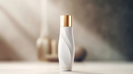 Foto op Aluminium A captivating close-up of a blank cosmetic bottle mockup, highlighting its smooth surface and the potential for luxurious beauty products. © baseer