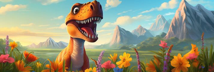 Illustration of cute dinosaur in prehistoric landscape with mountains and colorful flowers. Ideal as web banner or in social media.
