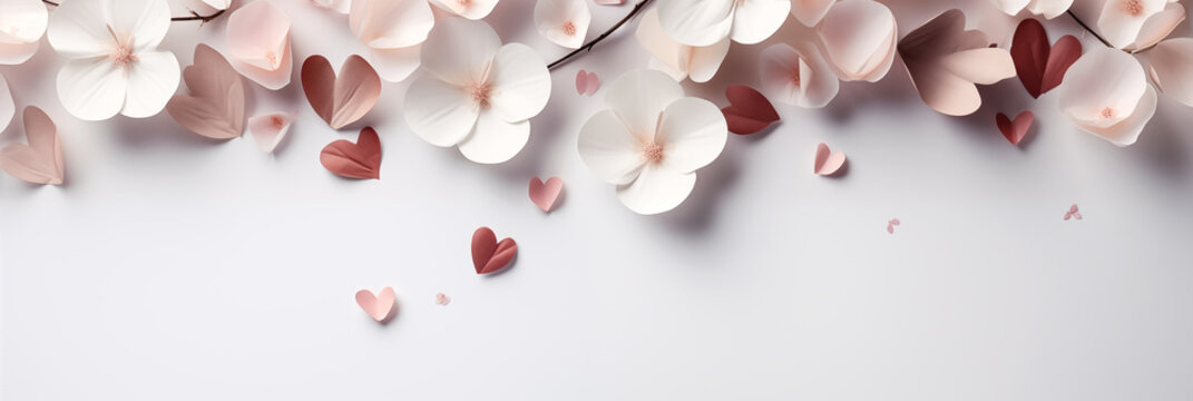 Delicate banner of hearts and flowers on white background. Valentine's Day. Mother's Day. Panoramic web header with copy space. Wide screen wallpaper
