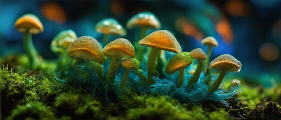 Macro fluorescent orange and green macro fungi on green moss