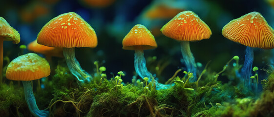 Macro fluorescent orange macro fungi on green moss