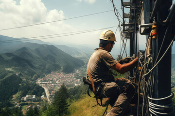 male electrician in a hard hat repairing a power line at high altitude during the day. - obrazy, fototapety, plakaty