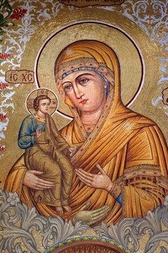 Icon of the Mother of God on the walls of the Pochaev Lavra temple in Ukraine.