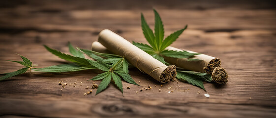 Cigarettes cannabis leaves on a wooden table - obrazy, fototapety, plakaty