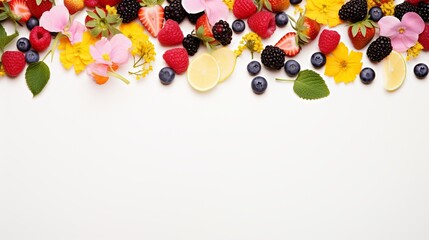 Banner with berries, fruits and flowers on a white background.