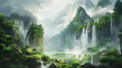 a powerful waterfall crashing down into a deep canyon, with mist and spray filling the air and the vibrant green foliage creating a sense of vibrant - obrazy, fototapety, plakaty