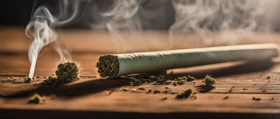 A lit cigarette on a wooden table with scattered tobacco - obrazy, fototapety, plakaty
