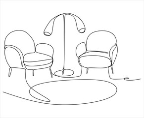 Сontinuous single line single line sofa with floor lamp lampshade, hand drawn silhouette painting. Line art. scribble.