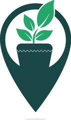 Garden location vector logo design. Flower pot with pin point icon design.