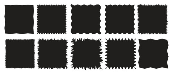 Torn shape pieces set. Set of black jagged  paper square. Zig zag square shape with jagged edges