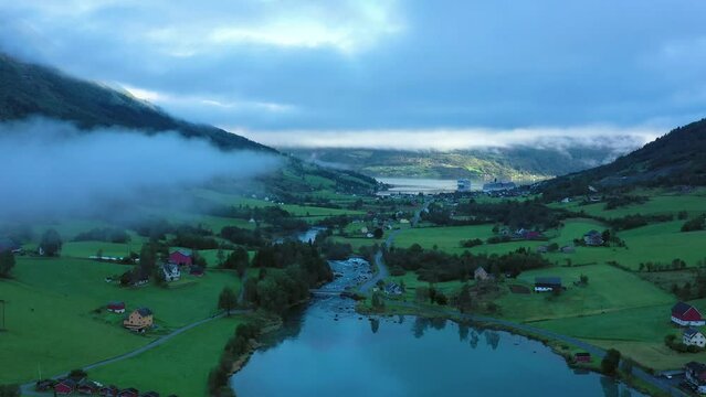 Aerial view from Olden in Norway. This drone footage was taken in a valley close to a village called Olden in Stryn municipality, Norway. The water is called Oldevatnet.