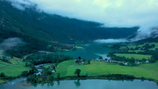 Aerial view from Olden in Norway. This drone footage was taken in a valley close to a village called Olden in Stryn municipality, Norway. The water is called Oldevatnet.