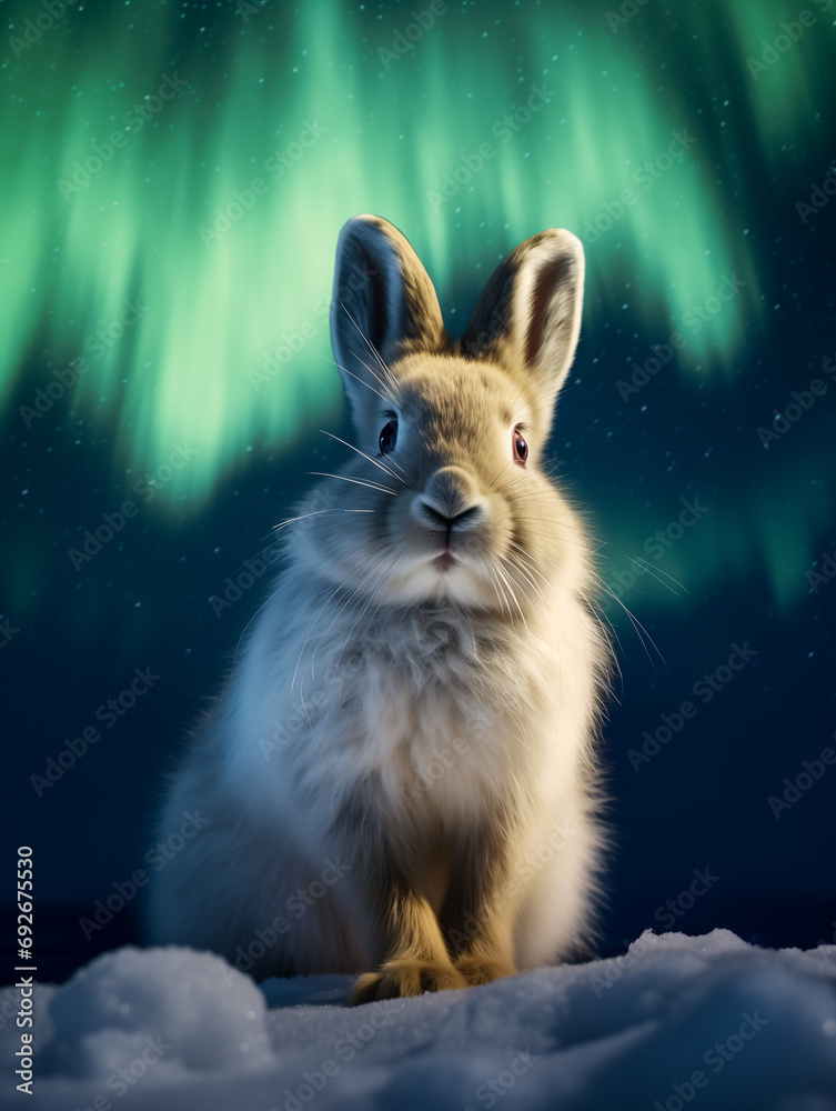 Wall mural a photo of a rabbit at night under the aurora borealis