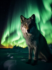 A Photo of a Coyote at Night Under the Aurora Borealis