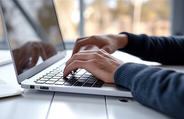 Male hands of business man typing on laptop keyboard searching information in internet, businessman working with ai solutions on computer, communicating online, doing digital management. Close up