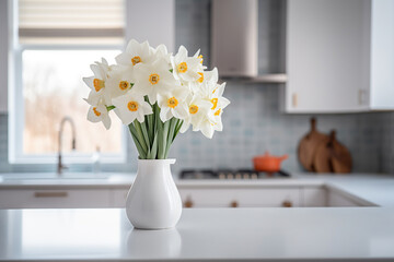 Beautiful white daffodils in white vase on table in kitchen