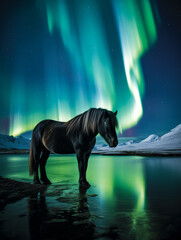 A Photo of a Horse at Night Under the Aurora Borealis