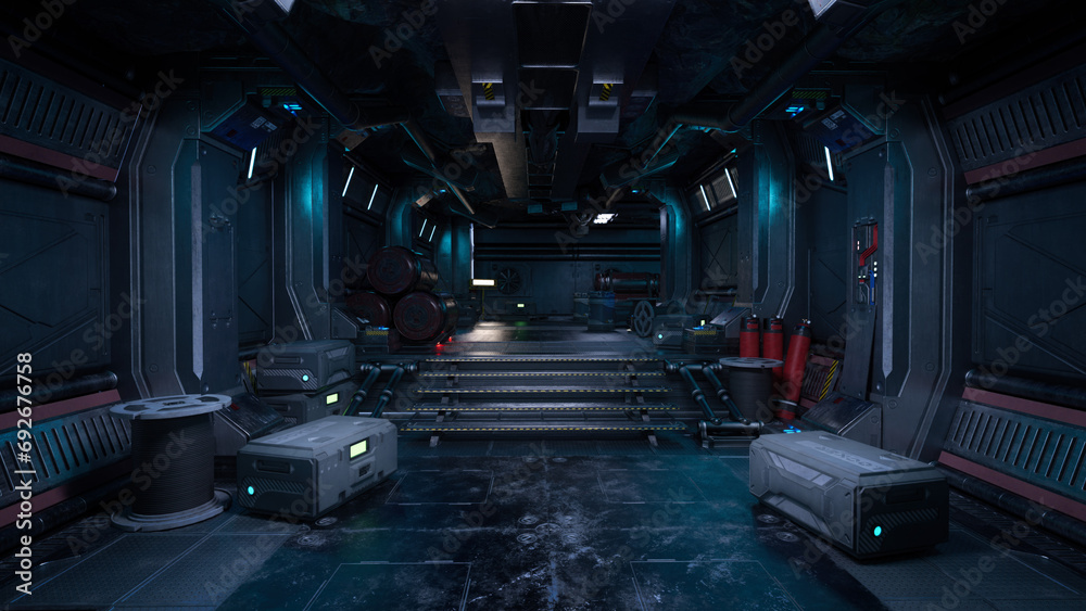 Poster futuristic corridor in a fantasy sci-fi underground outpost. science fiction concept background 3d r