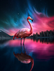 A Photo of a Flamingo at Night Under the Aurora Borealis